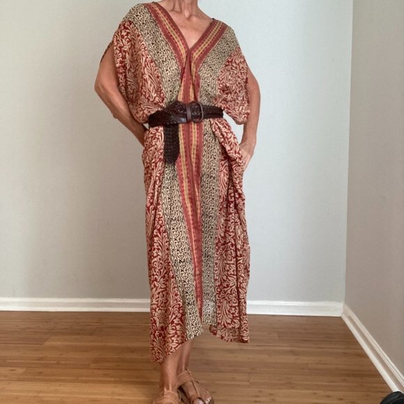 Block Print Caftan Size Free Rust, Tan & Black - Picture 2 of 15